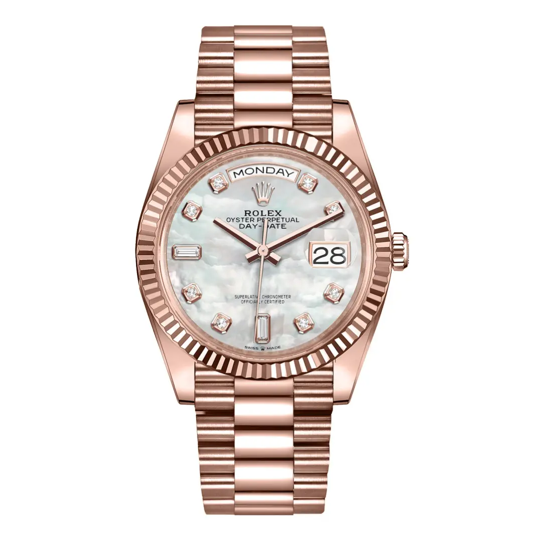 Rolex Day-Date 128235-0029 Mother of Pearl Dial Everose Gold Fluted Bezel 36mm (1) Rolex Day-Date 128235-0029 Mother of Pearl Dial Everose Gold Fluted Bezel 36mm