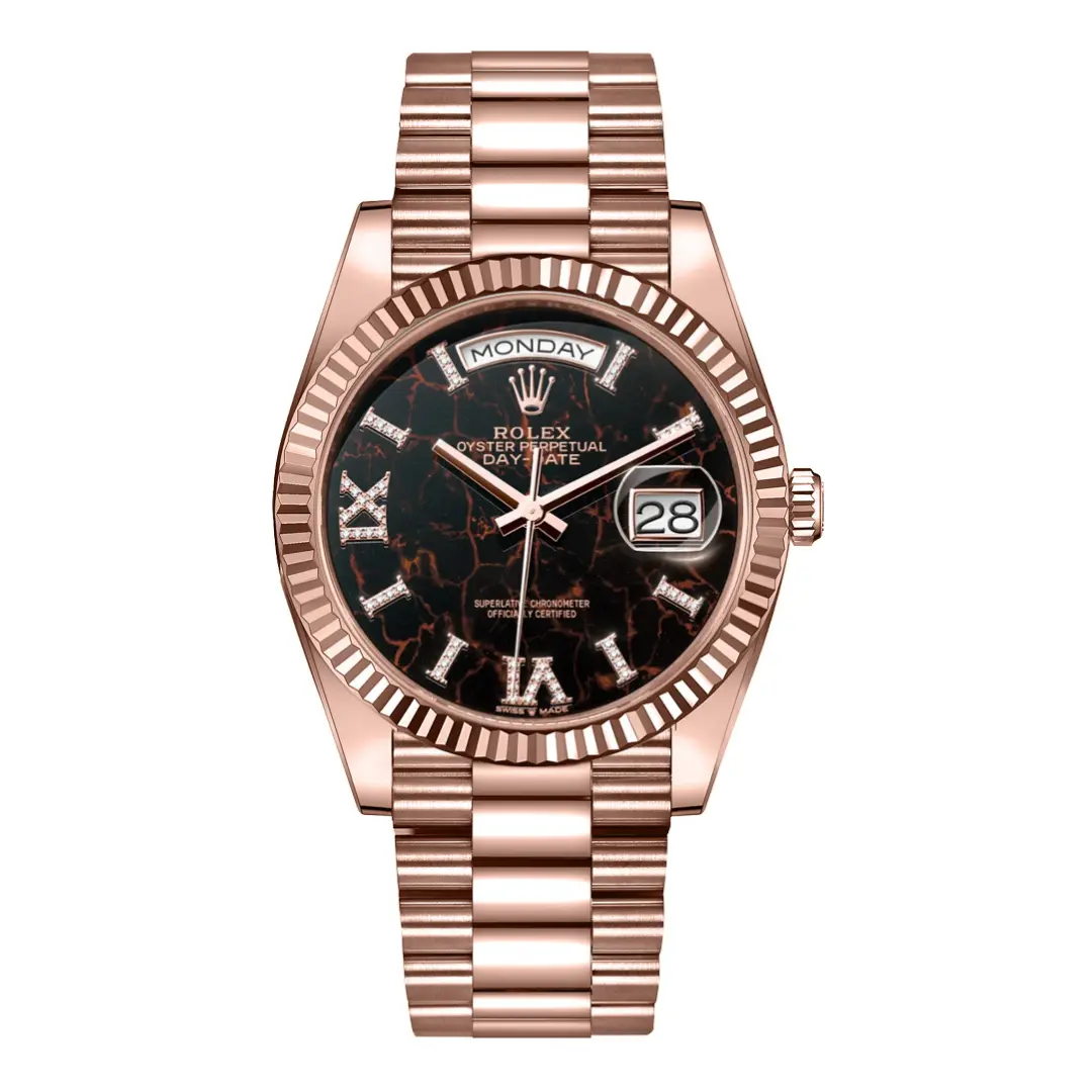 Rolex Day-Date 128235-0041 Black Eisenkiesel Dial Everose Gold Fluted Bezel 36mm (1) Rolex Day-Date 128235-0041 Black Eisenkiesel Dial Everose Gold Fluted Bezel 36mm
