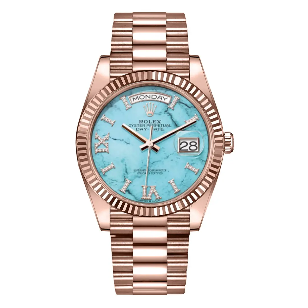 Rolex Day-Date 128235-0064 Turquoise Blue Dial Everose Gold Fluted Bezel 36mm (1) Rolex Day-Date 128235-0064 Turquoise Blue Dial Everose Gold Fluted Bezel 36mm