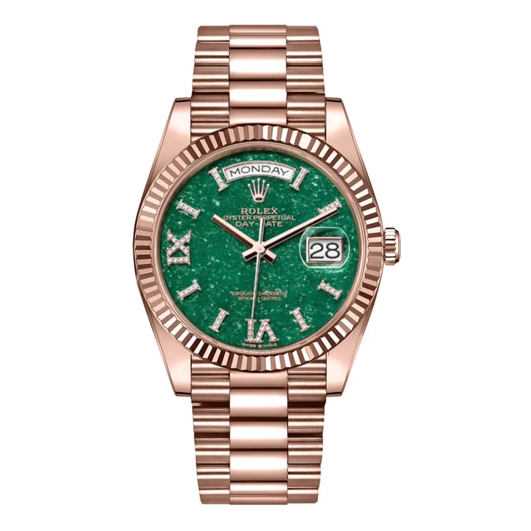 Rolex Day-Date 128235-0068 Green Aventurine Dial Everose Gold Fluted Bezel 36mm (1) Rolex Day-Date 128235-0068 Green Aventurine Dial Everose Gold Fluted Bezel 36mm